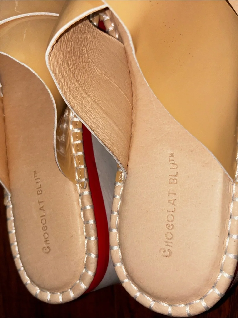 Chocolat Blu Lug Sole Platform Sandal Tan Beige + Red Stripe 3-inch Heel Wedges